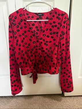 Express Red V-Neck Tie-Front Floral Blouse